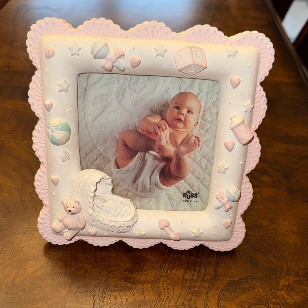 Russ Vintage Pink Baby Picture Photo Frame Plaster 4” x 4”